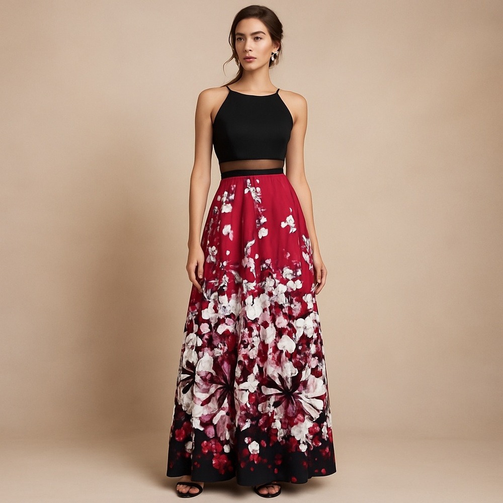 Betsy & Adam Size 6 Illusion Mesh Panel Formal Gown Black Red Floral Maxi Dress